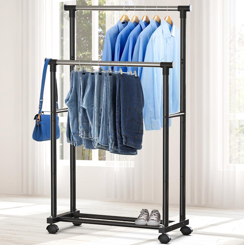 Simple Houseware Double Rods Clothing Hanging Rack on Wheels, Black