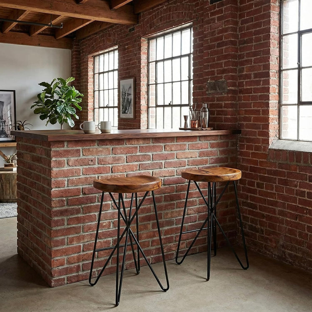 Bare Decor Aloha Backless Live Edge Teak Counter Stool with Solid Black Metal...