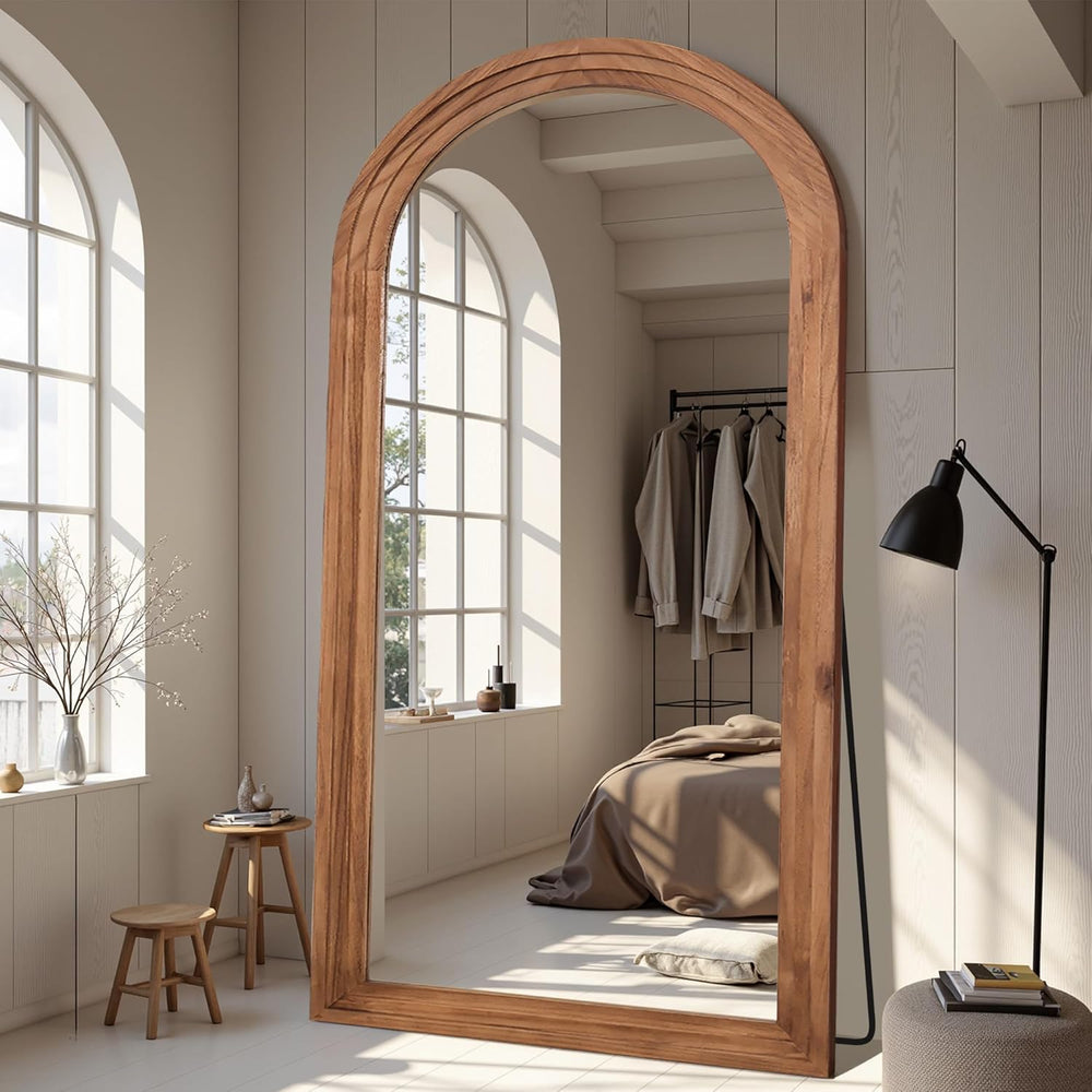 Full Length Mirror 81"x41", Arched Solid Wood Frame with Stand