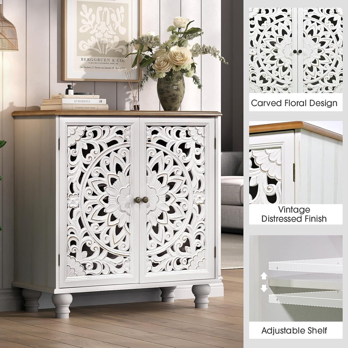 JOINICE 31" Accent Storage Cabinet with Doors for Living Room,White& Walnut