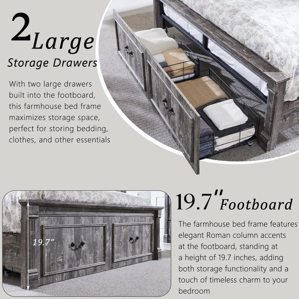 Aitjunz Farmhouse Queen Size Bed Frame w/51 Tall Headboard, Light Grey