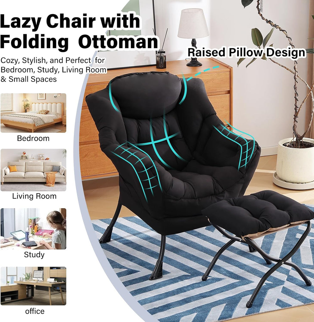 Furlide Lazy Chair with Ottoman, Soft Comfy Chair for Bedroom, Black