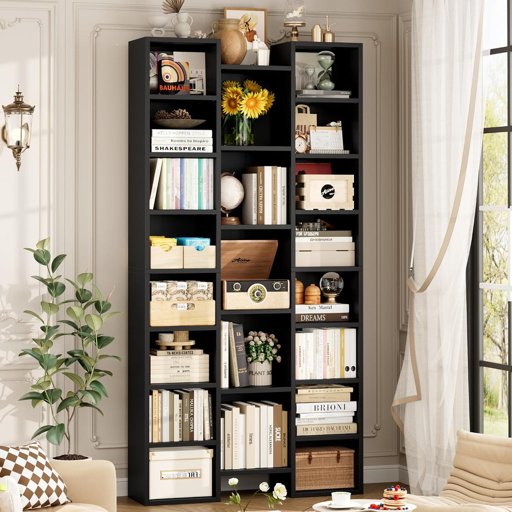 FOTOSOK 71'' H Black Bookshelf with 21 Cubes, Triple Wide Tall Bookshelf