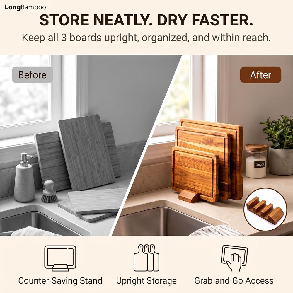 Teak Wood Cutting Boards for Kitchen, Cutting Board Set of 3 with Stand