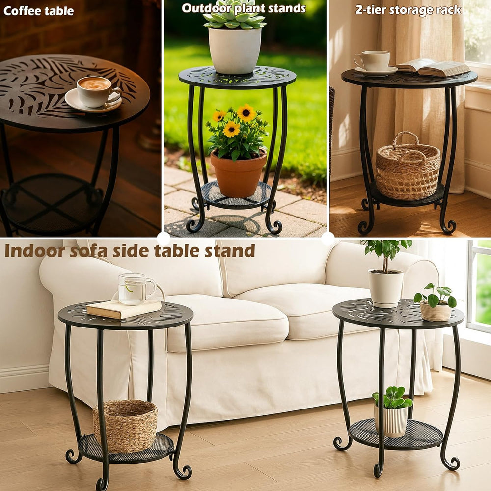 2-Tier Metal Round Side Table Set of Two Black Accent Coffee Tables Small Spa...