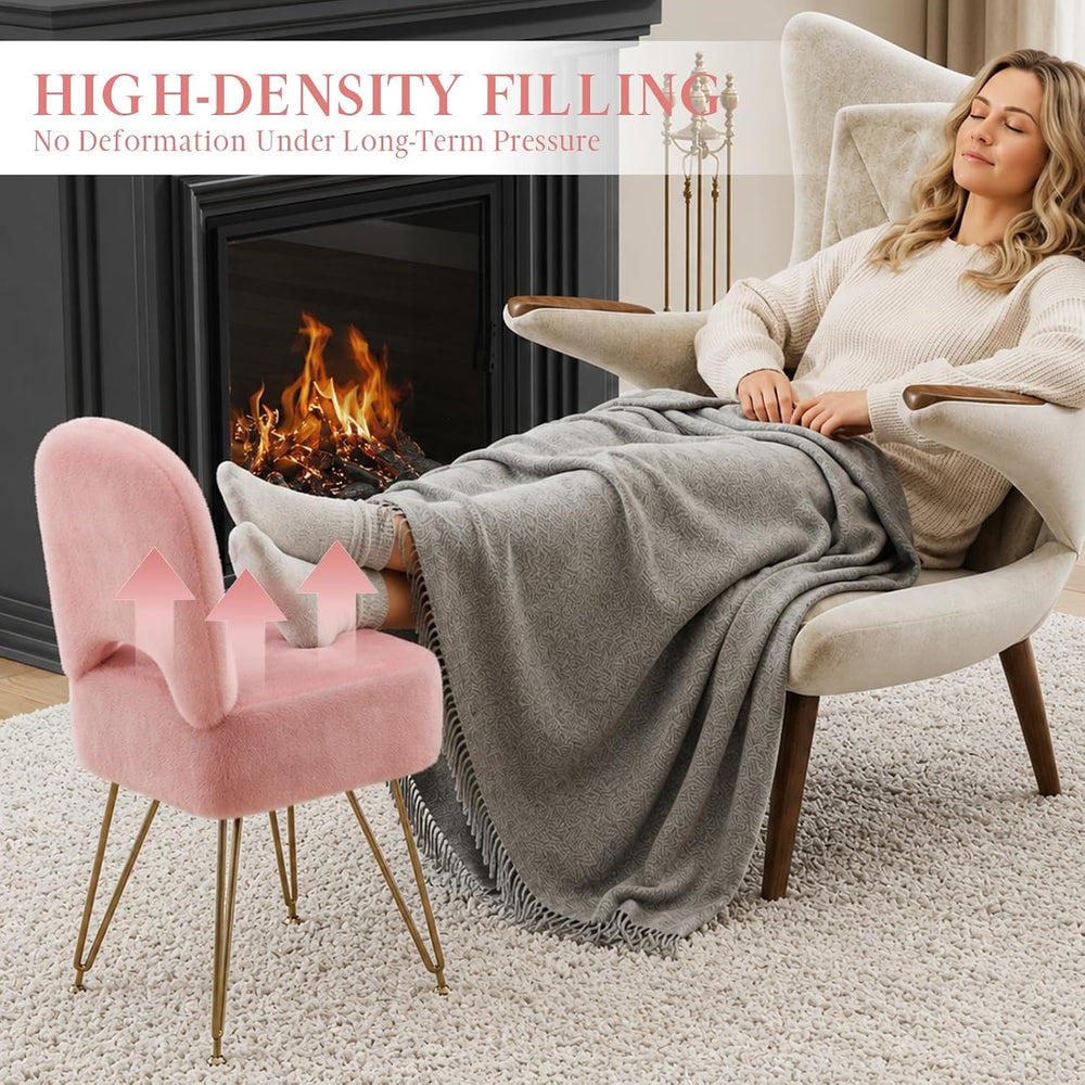 Pink Faux Fur Vanity Chair with Storage and Foldable Backrest
