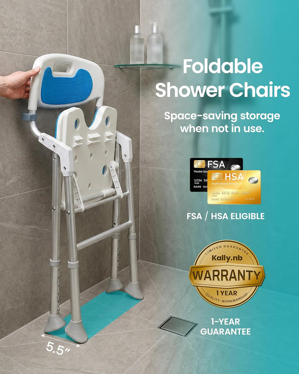 Folding Shower Chair for Inside Shower, Arms and Back, 400 lb, Blue