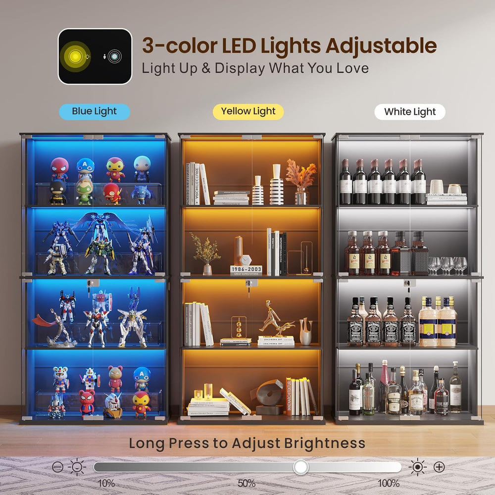 Glass Display Cabinet with 3 Color Lights for Collectibles, Black