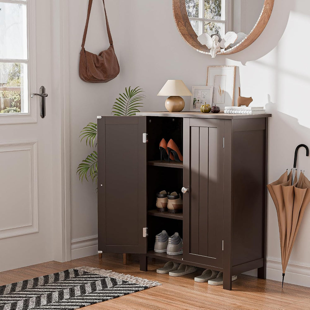 SUPER DEAL Modern Bathroom Floor Storage Cabinet with Adjustable Shelf and Do...