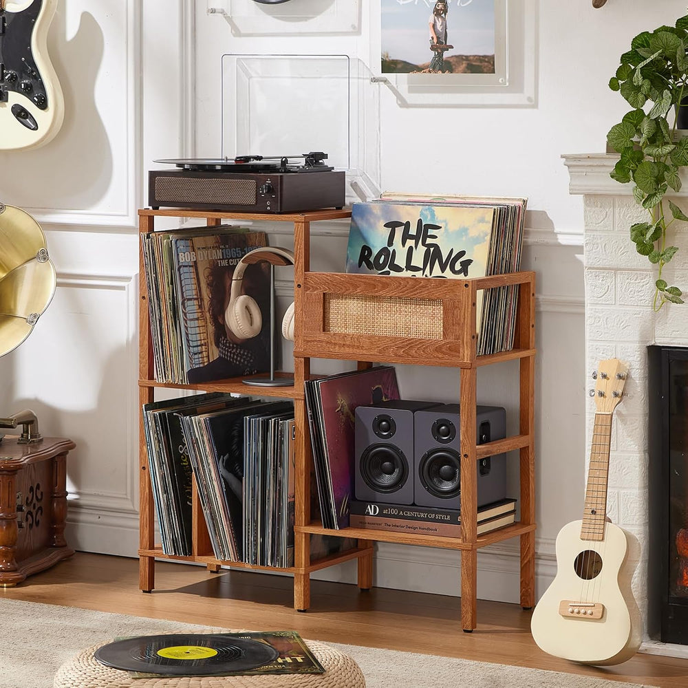 LELELINKY Record Player Stand, Brown Wood Record Holder with Vinyl Storage Ho...