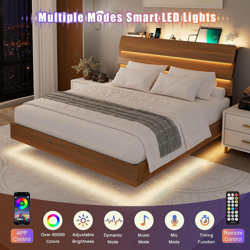Feonase Floating Bed Frame Full with Led Lights and Charging Station, Wood Fu...