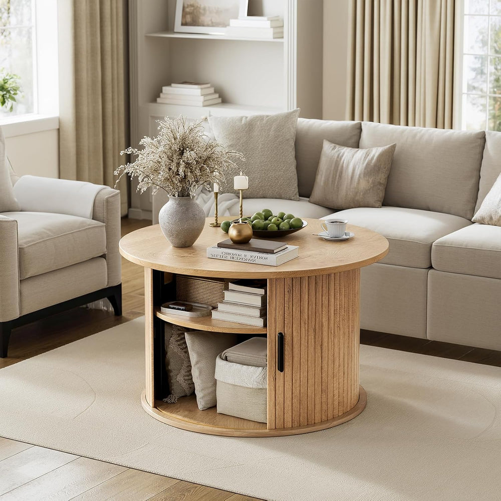 FABATO Round Lift Top Coffee Table Fluted Drum Table Sliding Door, Wood