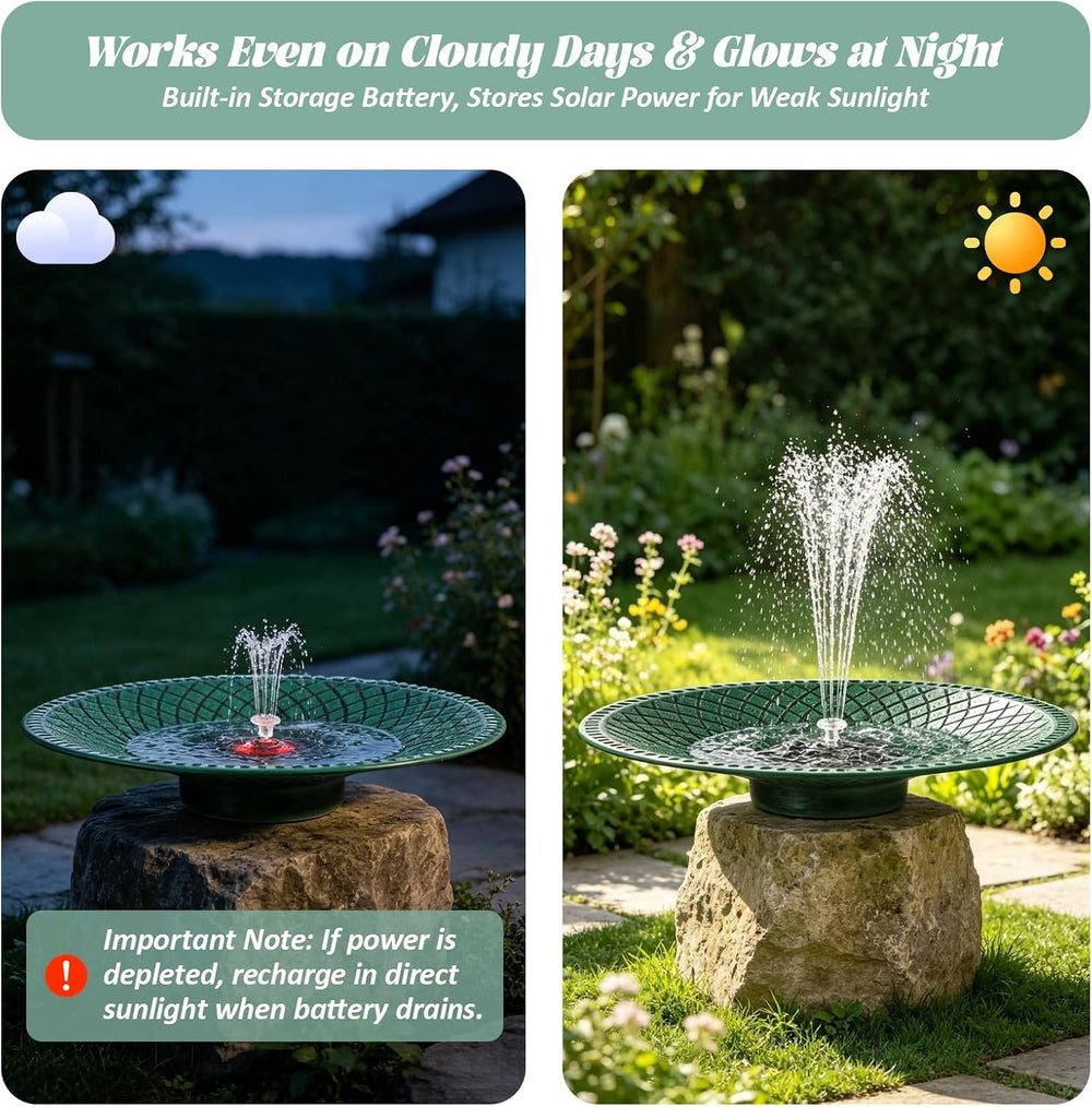 19.6" Metal Bird Bath with Solar Fountain, LED & Battery Large Birdbath