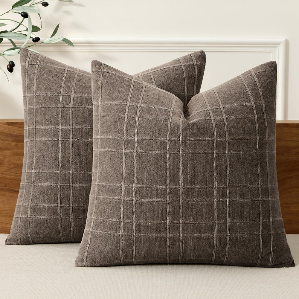 MIULEE Linen Plaid Pillow Covers Fall Decorative Euro 24x24 Brown