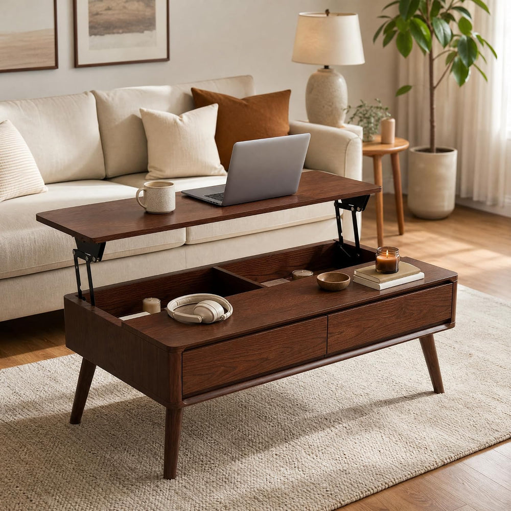 Solid Oak Lift Top Coffee Table with Drawers, Walnut, 47.24"