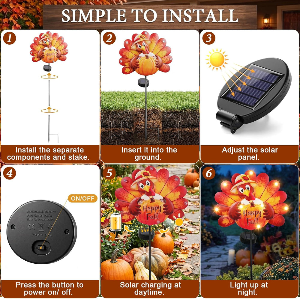 Lewondr 2PCS Thanksgiving Decorations Solar Fall Turkey Garden Stakes