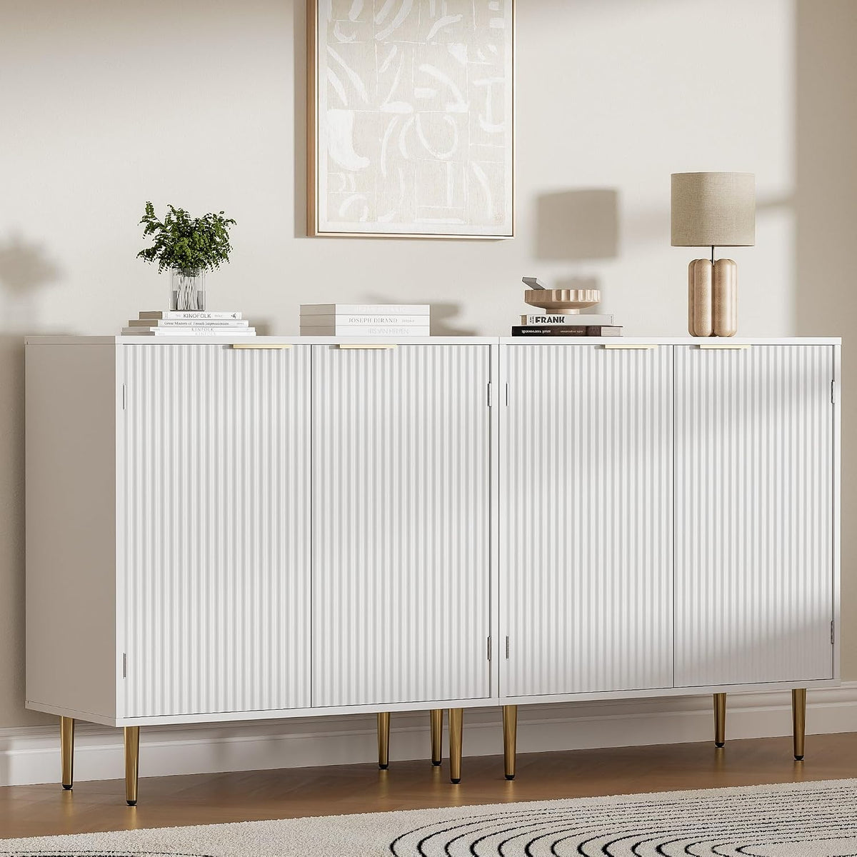 Housoul Fluted Buffet Sideboard Storage Cabinet with 2 Doors, White