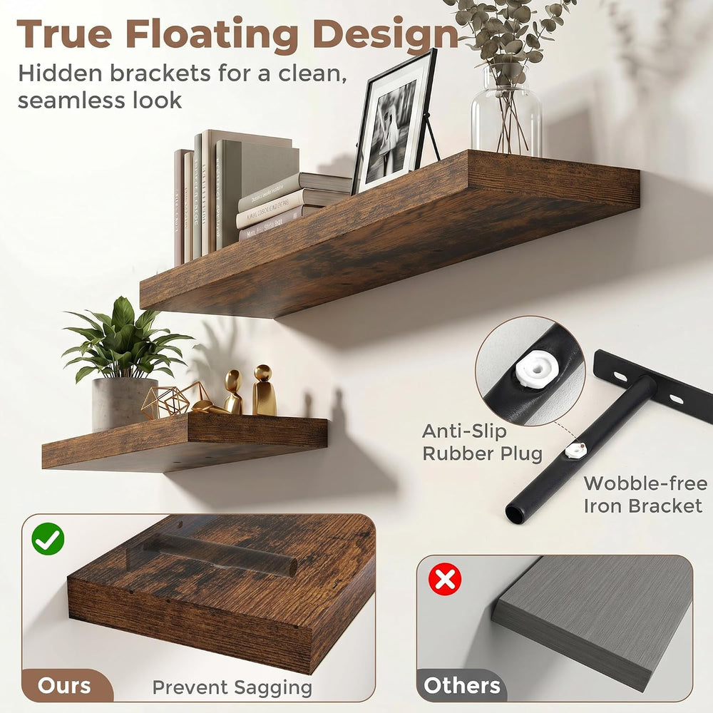 8 inch Deep Floating Shelves for Wall, 55" Wide, Rustic Brown, 2-Pack