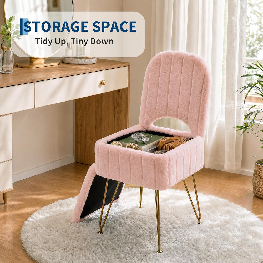 Garvee Vanity Stool Chair with Backrest & Storage,Boucle Fabric,Pink,Large