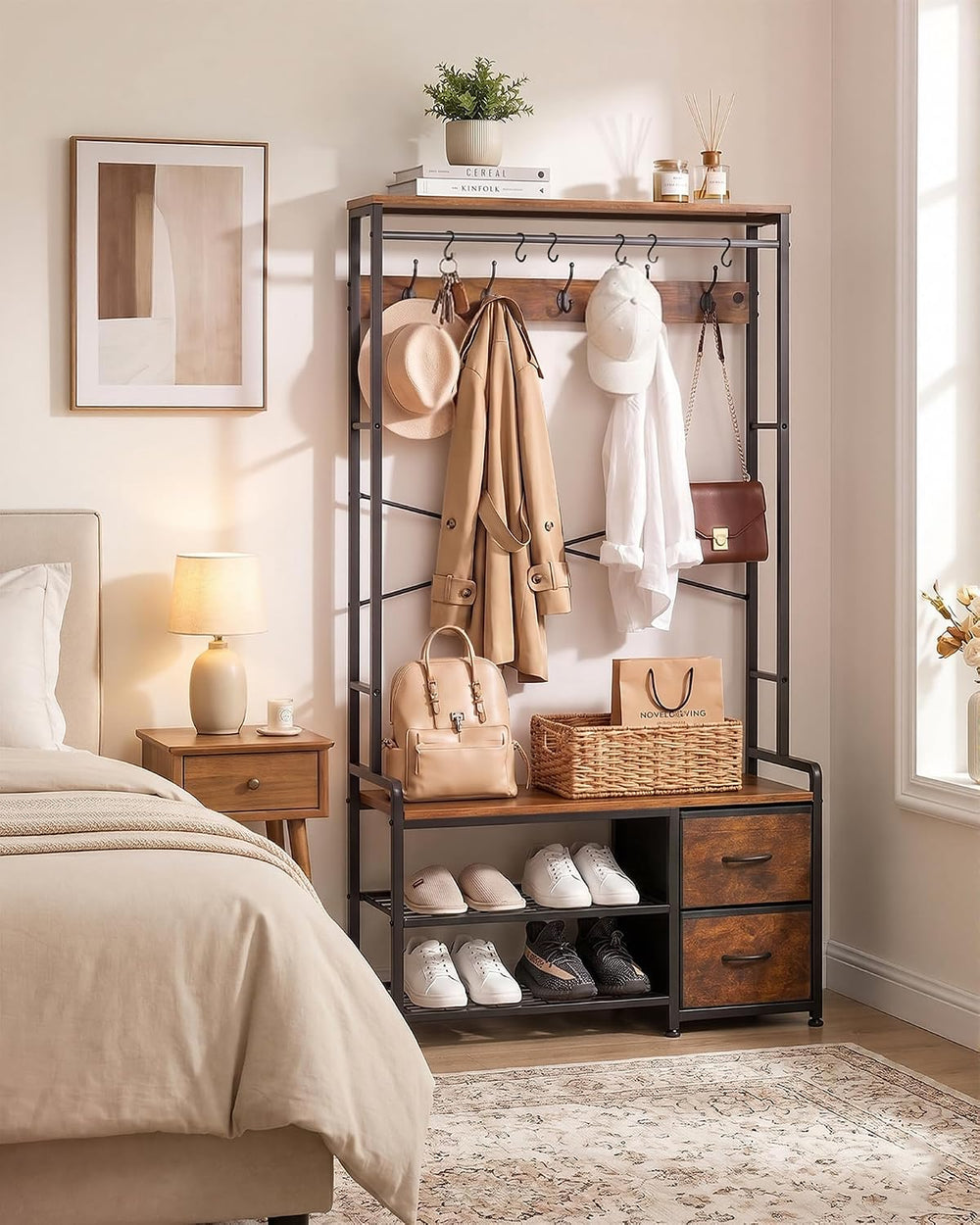 Faesun Hall Tree with Bench and Shoe Storage, Rustic Brown