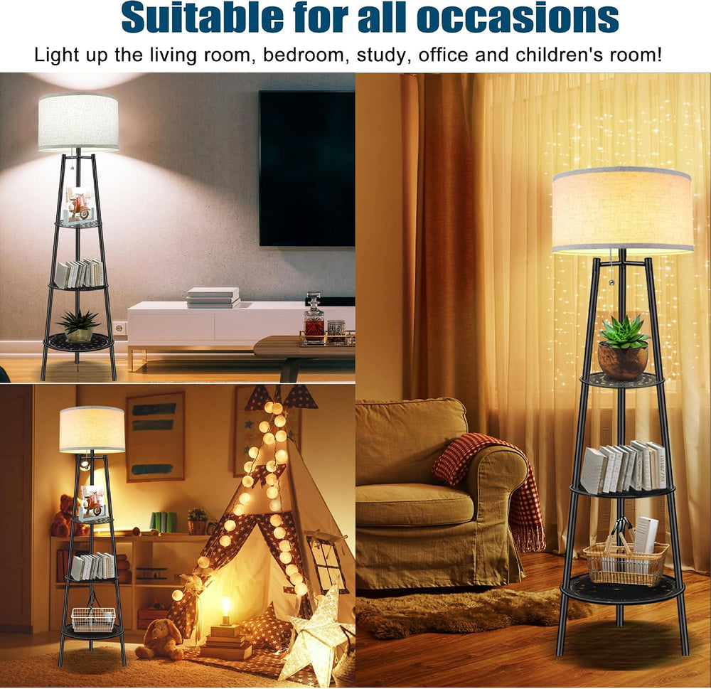 Floor Lamp with Shelves, Beige Shade Standing Lamp