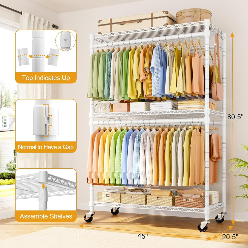 ULIFHOME Rolling Clothes Rack, Clothing Racks for Hanging Clothes, White