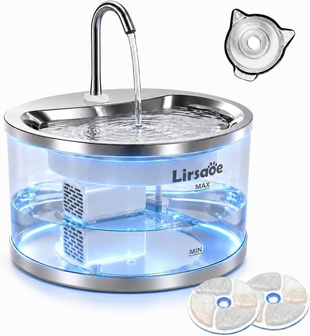Glass Cat Water Fountain, 2 L, Stainless Steel Drinking Tray