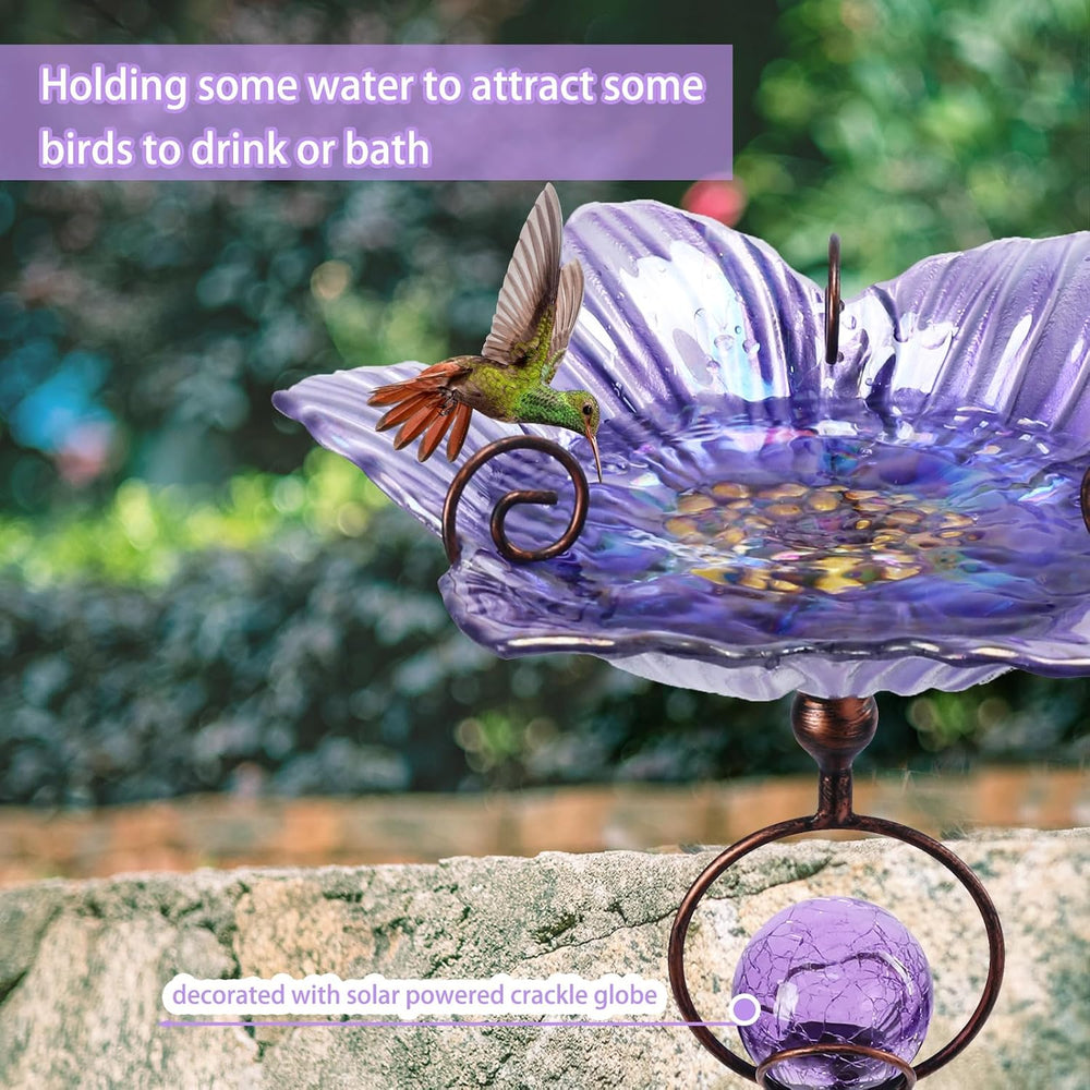 MUMTOP Glass Bird Baths with Solar Globe Light for Outdoors Garden Decor