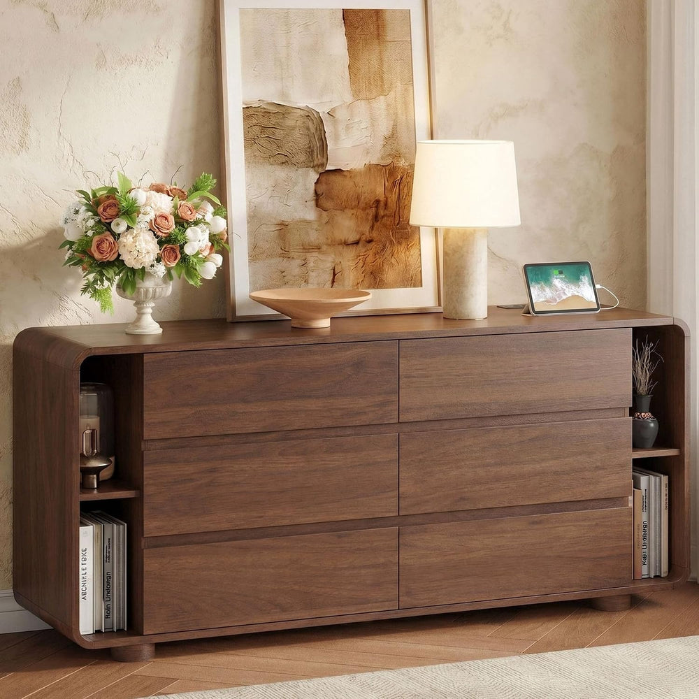 Whalefall 63 Inch 6 Drawer Dresser with Shelves, Rounded Corner, Walnut