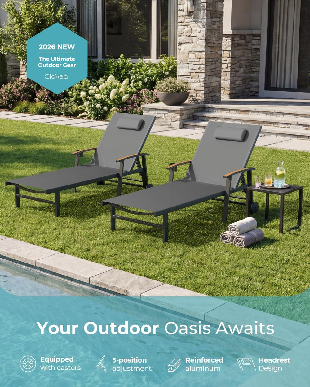 Ciokea Outdoor Lounge Chair with Pillow, 5-Position Aluminum Chaise Lounge wi...