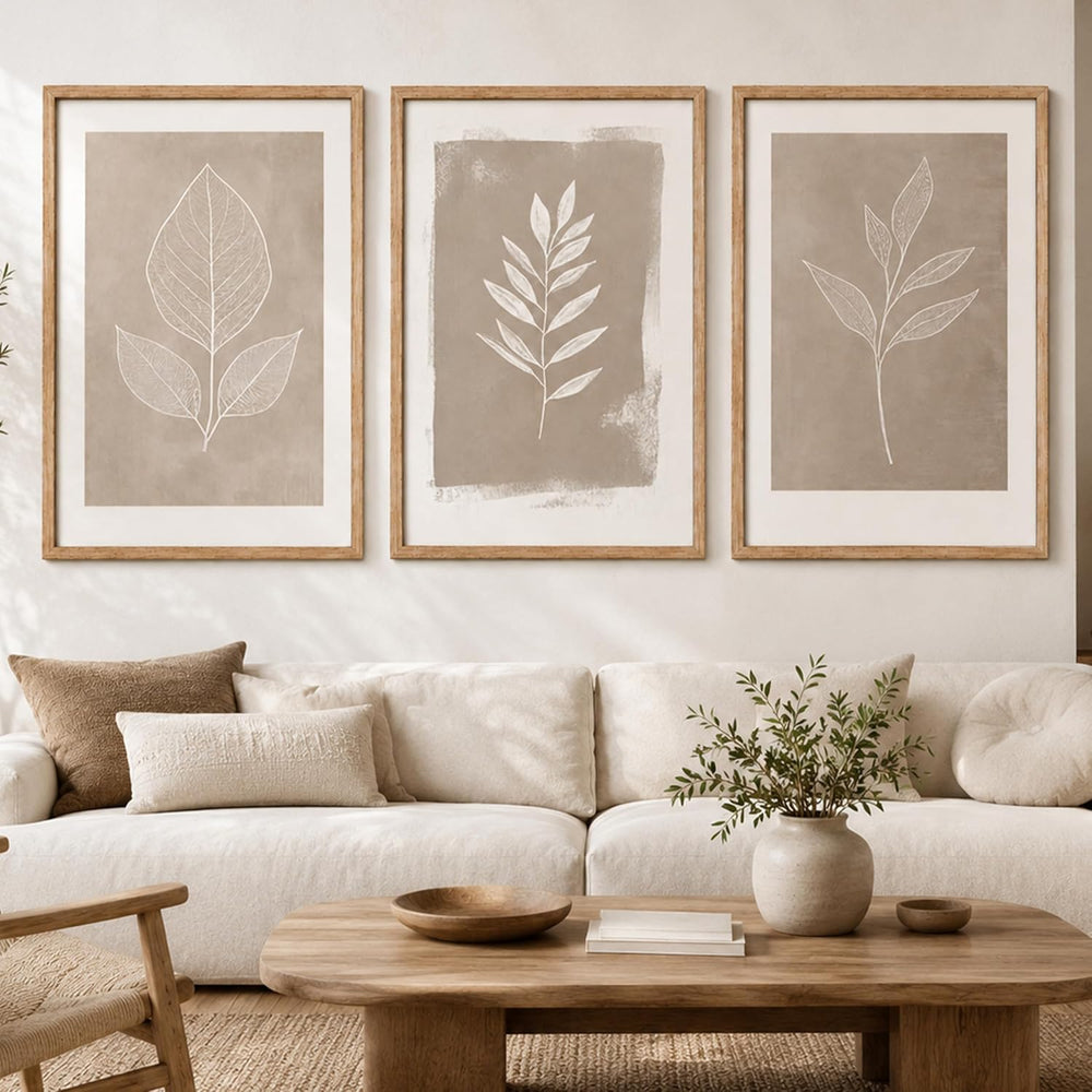 Framed 3pcs Boho Neutral Leaf Canvas Wall Art 16X24 Inch