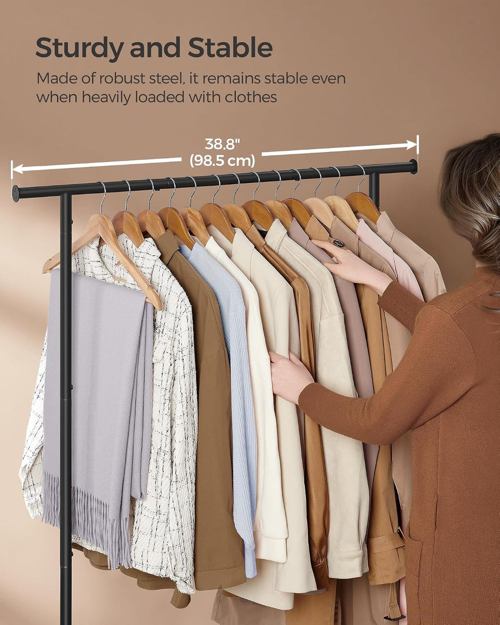 SONGMICS Clothes Rack with Wheels, Metal Garment Rack with Shelf