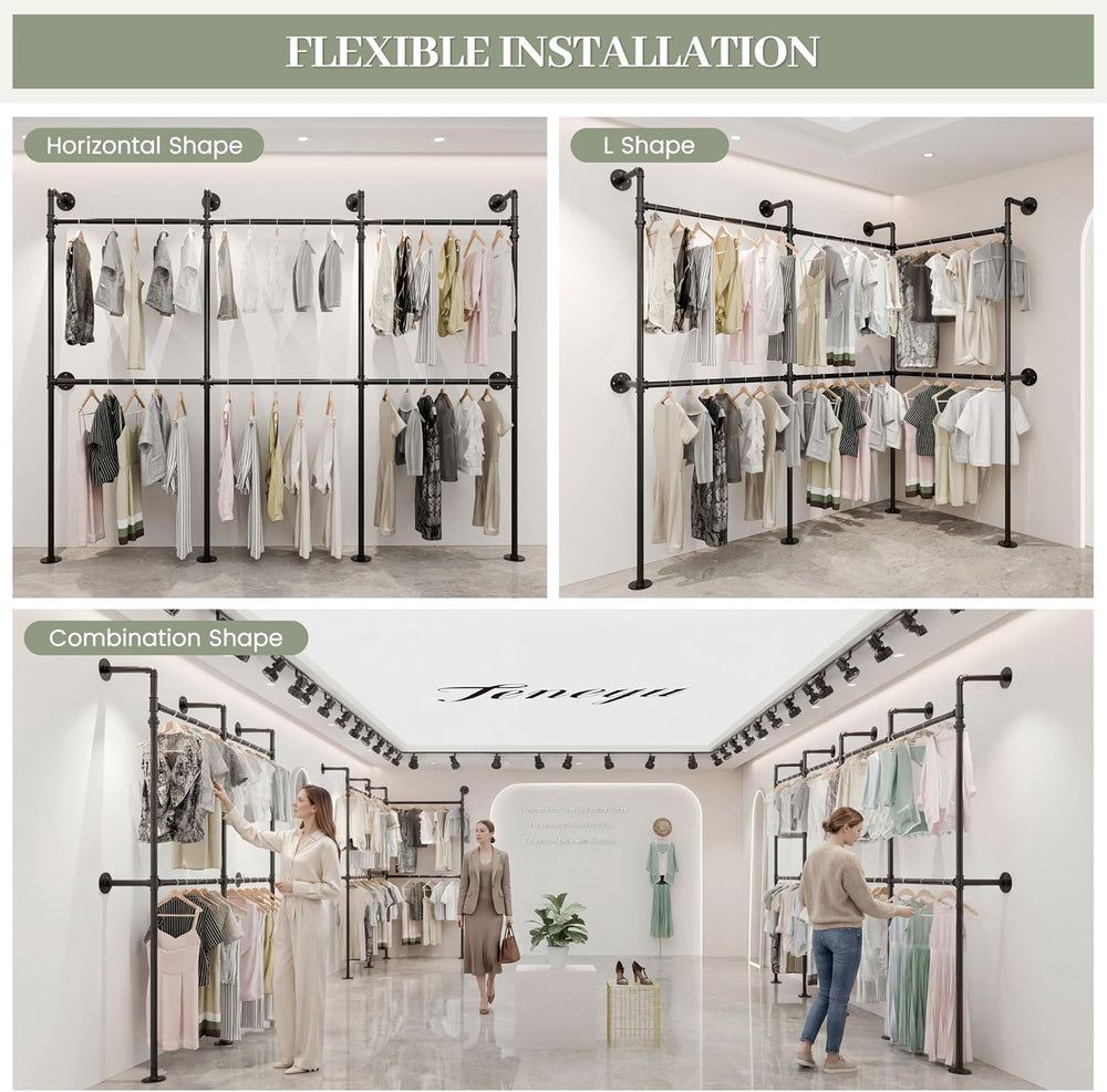 Industrial Pipe Garment Rack 106.3" L-Shaped Wall-Mounted Closet System