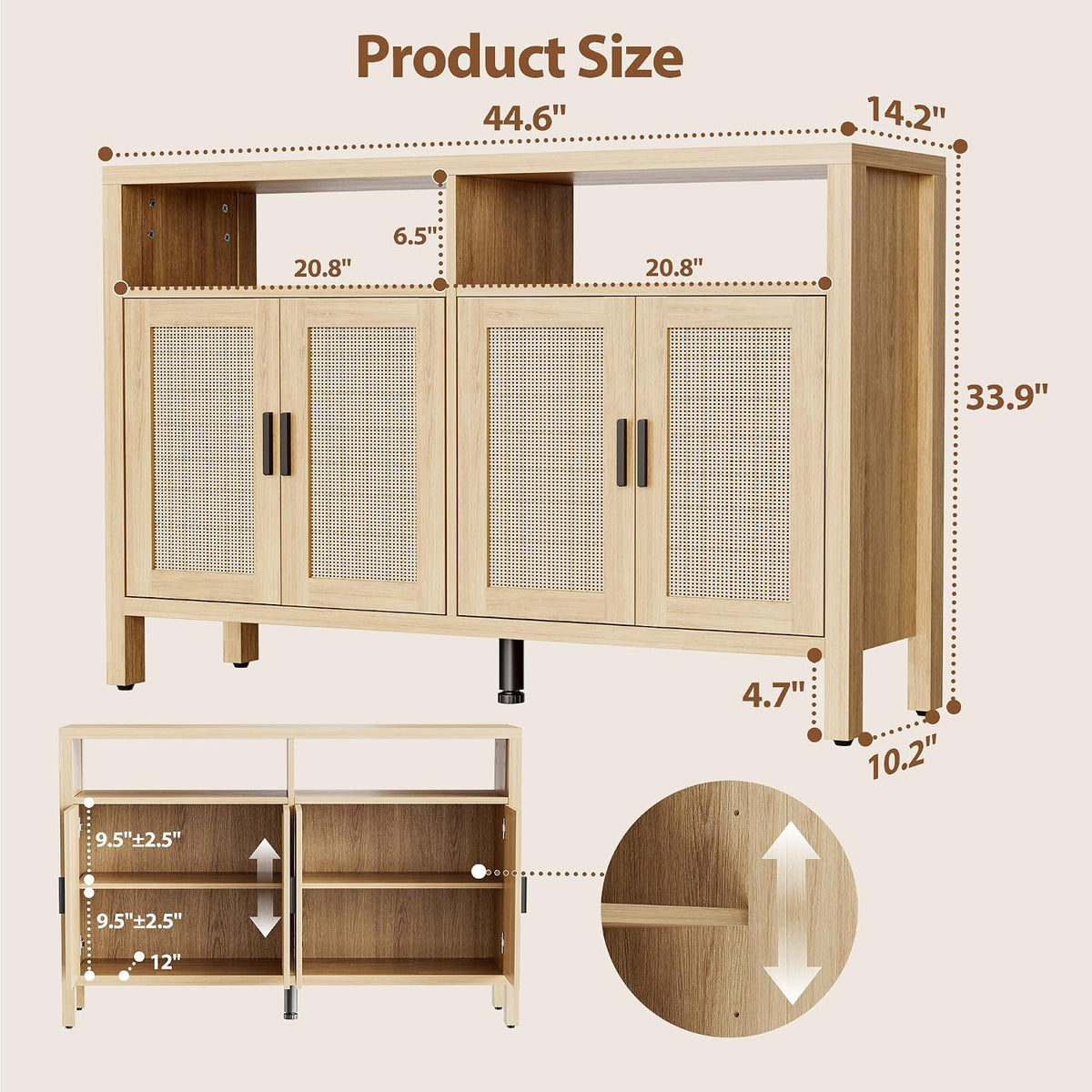 Mericonia Rattan Buffet Cabinet with Storage, Sideboard with Doors, Console Table, Farmhouse Coffee Bar, Modern Wood Storage Cabinets(Oak 2.0)