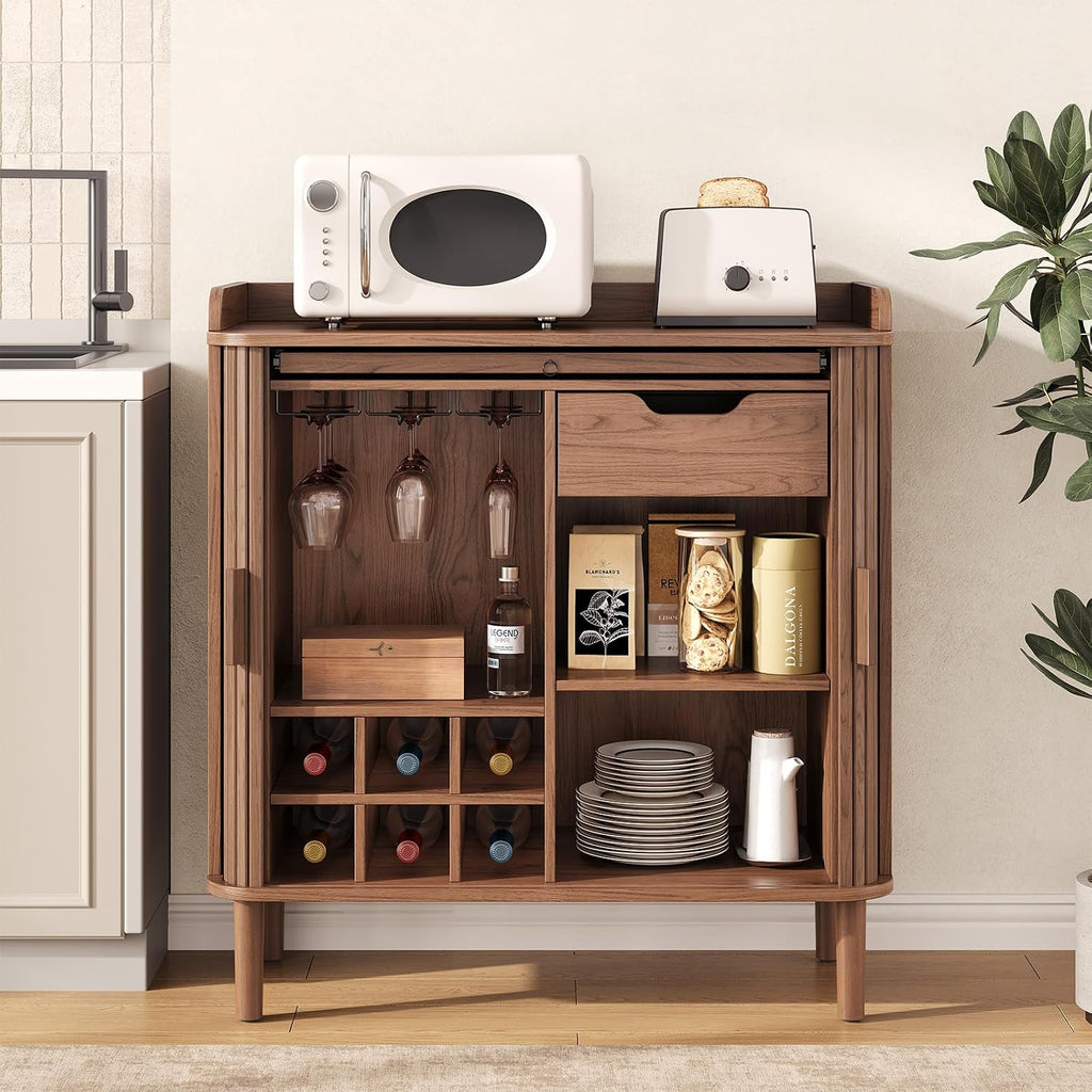 ONBRILL Fluted Bar Cabinet with Storgae, Wine Cabinet, 33" H, Walnut