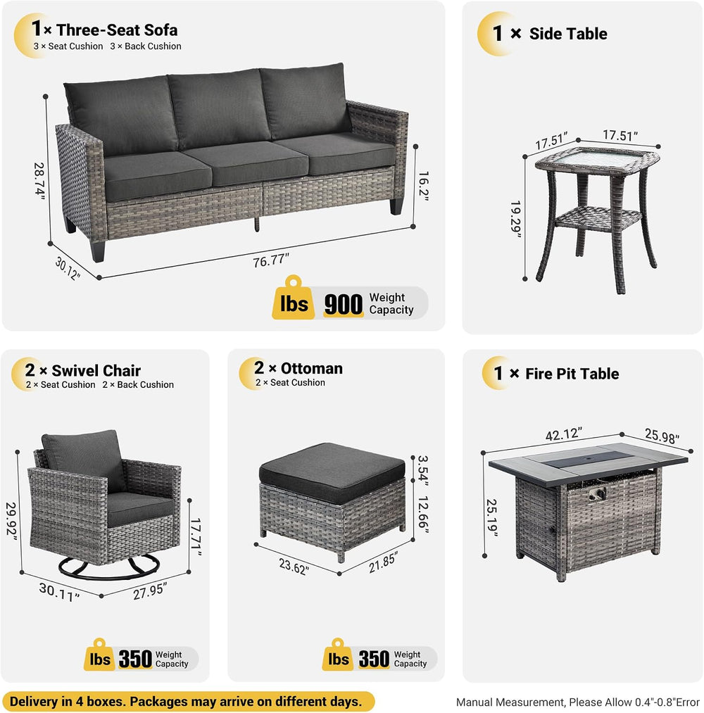 ovios 7 Pieces Patio Furniture Set with Rectangular Fire Pit Table, Swivel Ro...