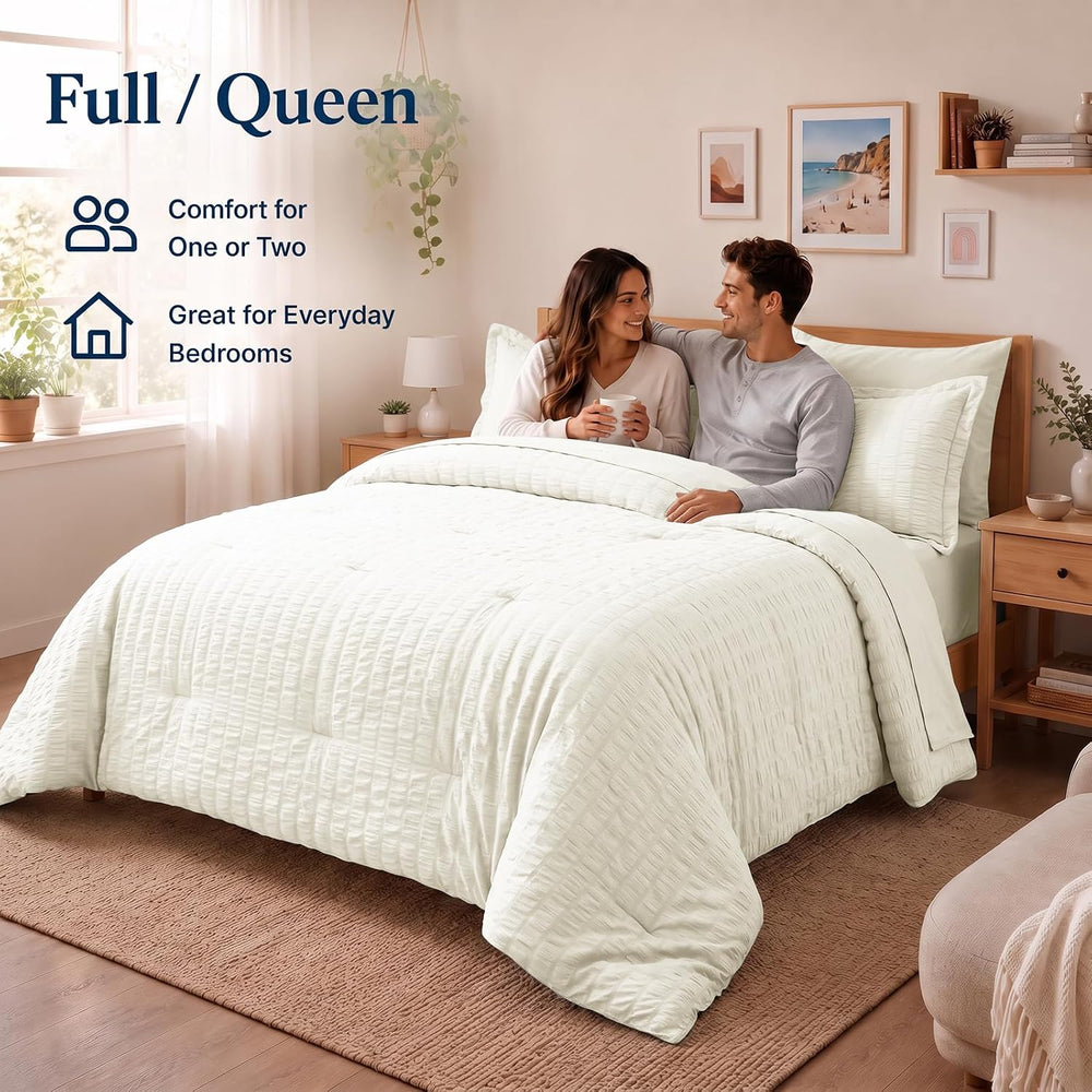 CozyLux Queen Comforter Set, 7 Pieces Ivory Seersucker Bed in a Bag