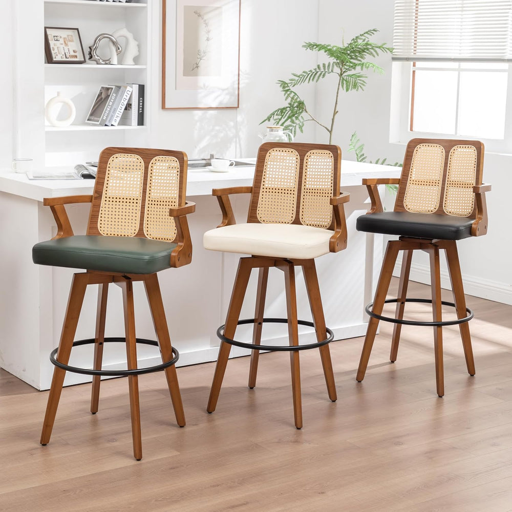 Mid Century Bar Stools, Rattan Swivel Bar Stools with Walnut Finish