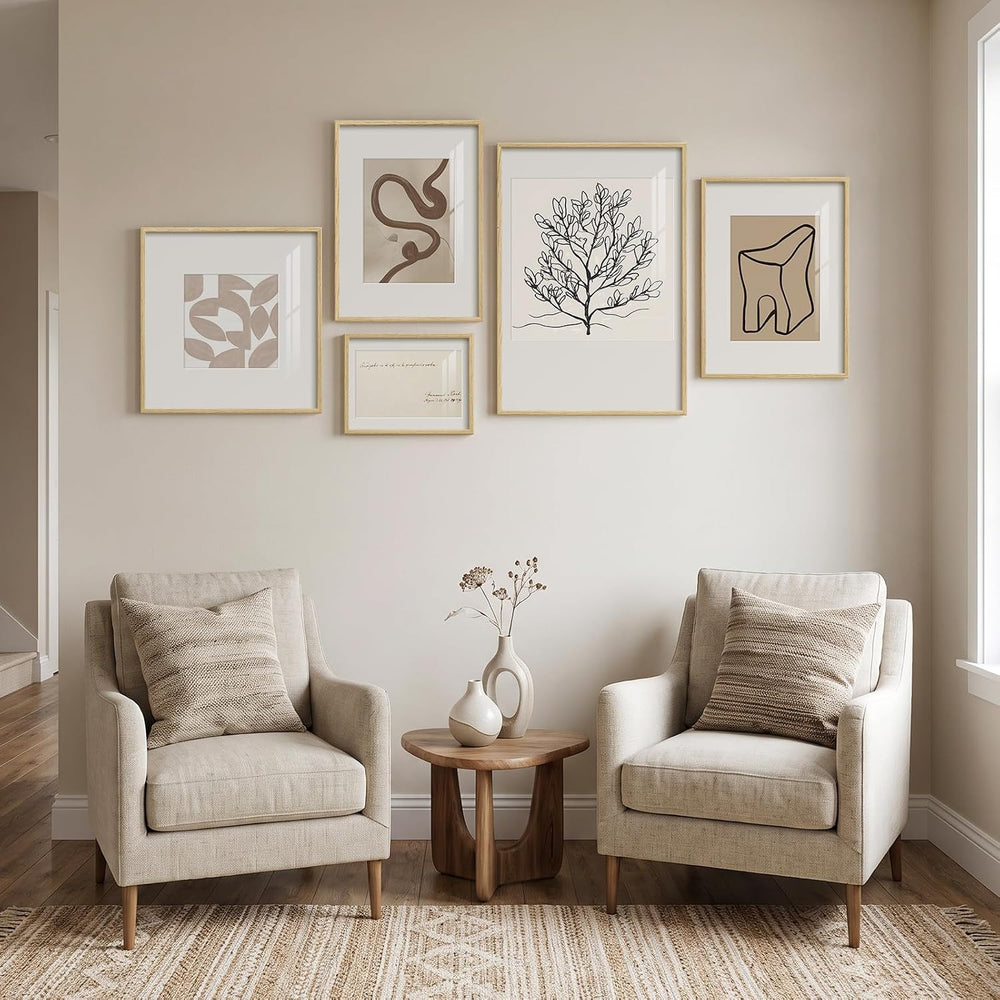 Large Framed Modern Minimalist Neutral Wall Art for Living Room, 5 Piece