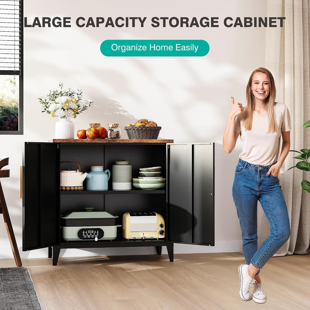 SISESOL Black Storage Cabinet with Doors and Shelves,30 inch Pantry Cabinet Sideboard with Leg,Small Accent Cabinets with Storage,Side Floor Cabinets for Home,Kitchen,Coffee Bar,Dining/Living Room