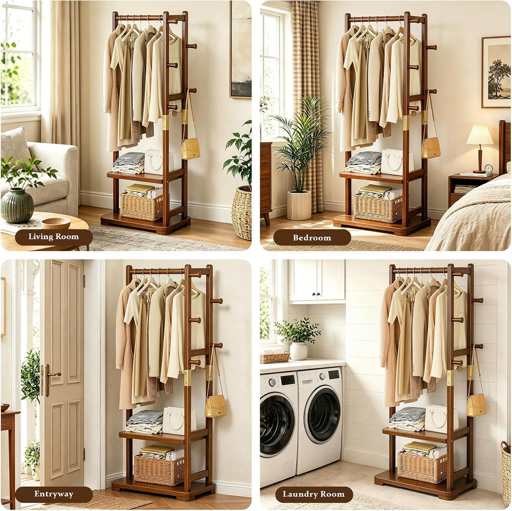 Taitiy Coat Rack Solid Wood Hall Tree Storage 2 Shelves 5 Hooks