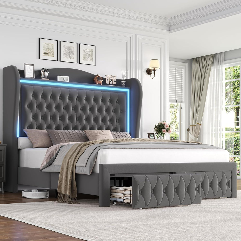King Bed Frame 55" Tall Headboard with LED Lights, Buttons Tufted Velvet...