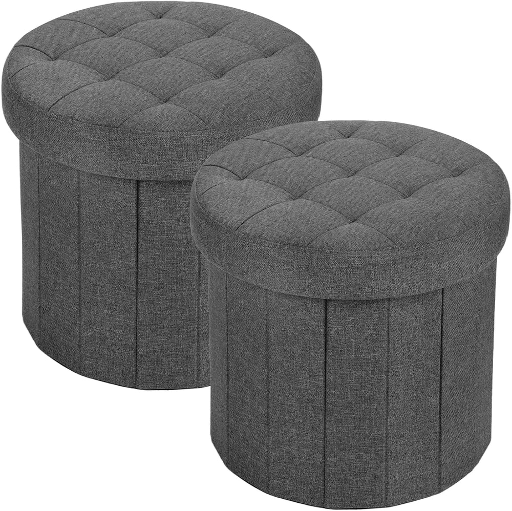 Bsketa Round Storage Ottoman, 14" Folding Linen Foot Stool,Dark Gray 2 Pack