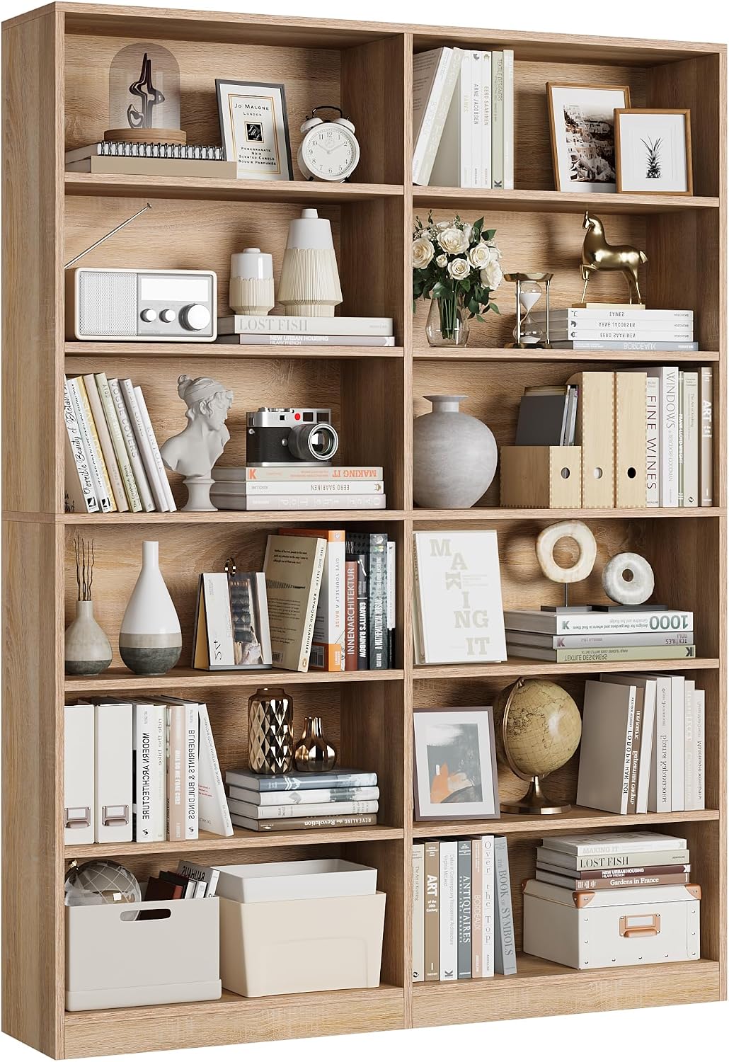 FACBOTALL Bookshelf Tall Bookcase, 6-Tier Double Wide Bookshelves,Light Oak