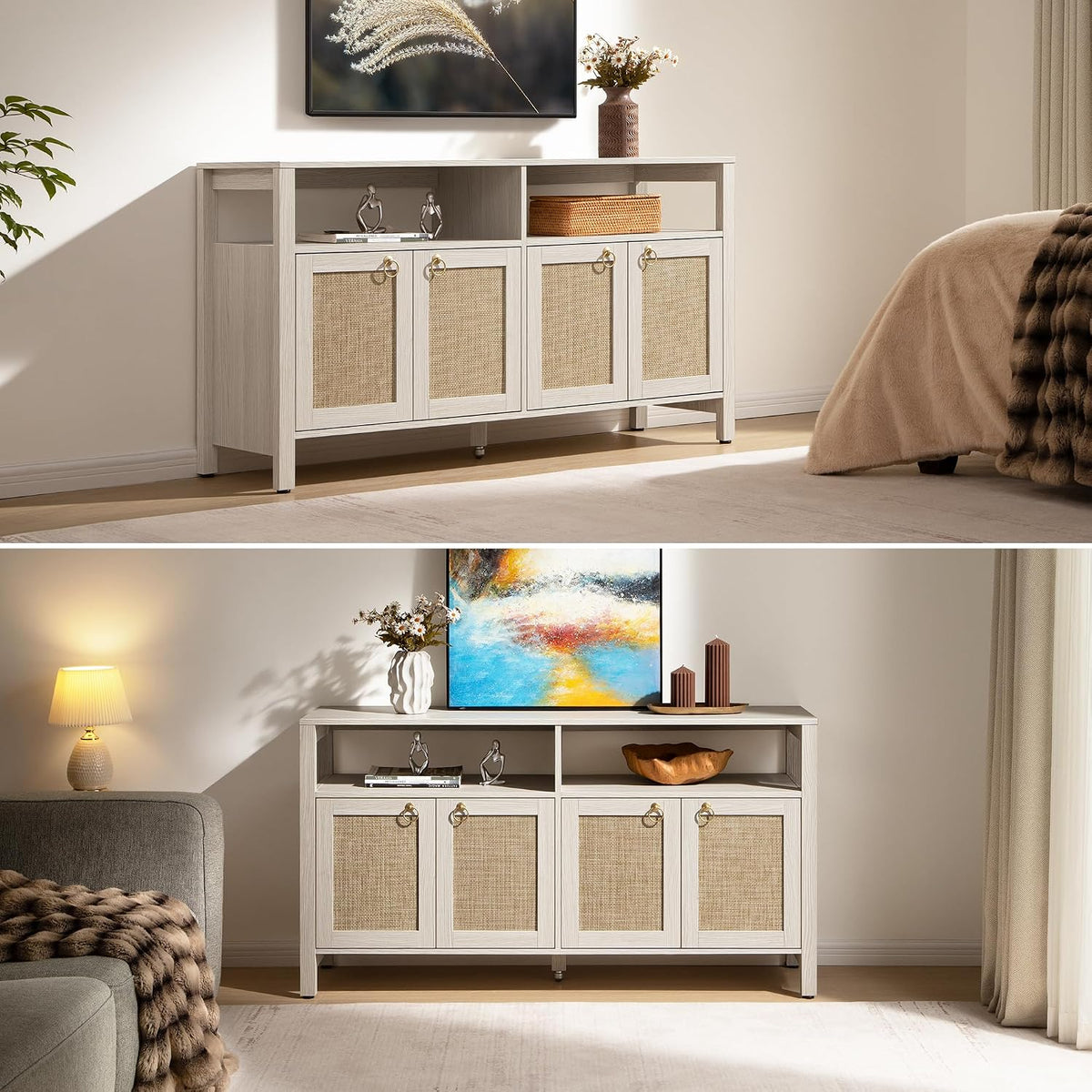 SICOTAS White Rattan TV Stand Entertainment Center Cabinet with 4 Doors