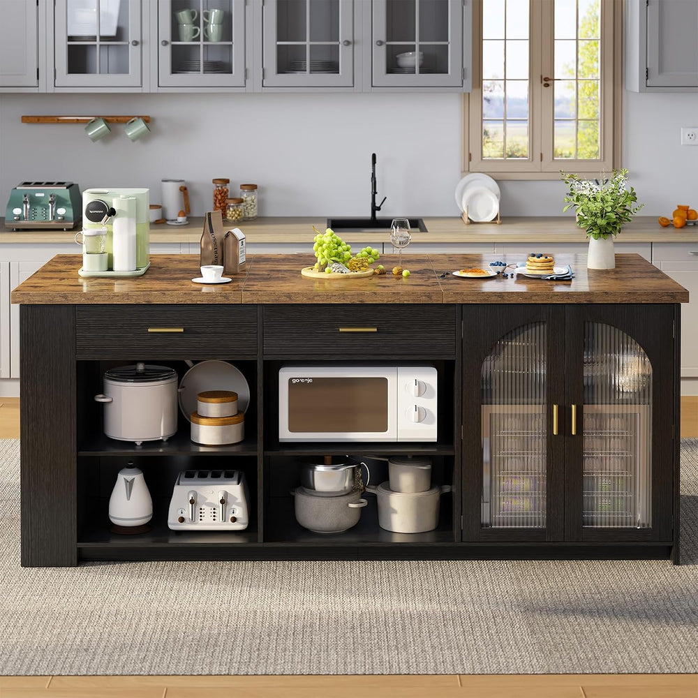 IBF 71" Large Kitchen Island with Storage and Seating, Rustic Brown &amp...