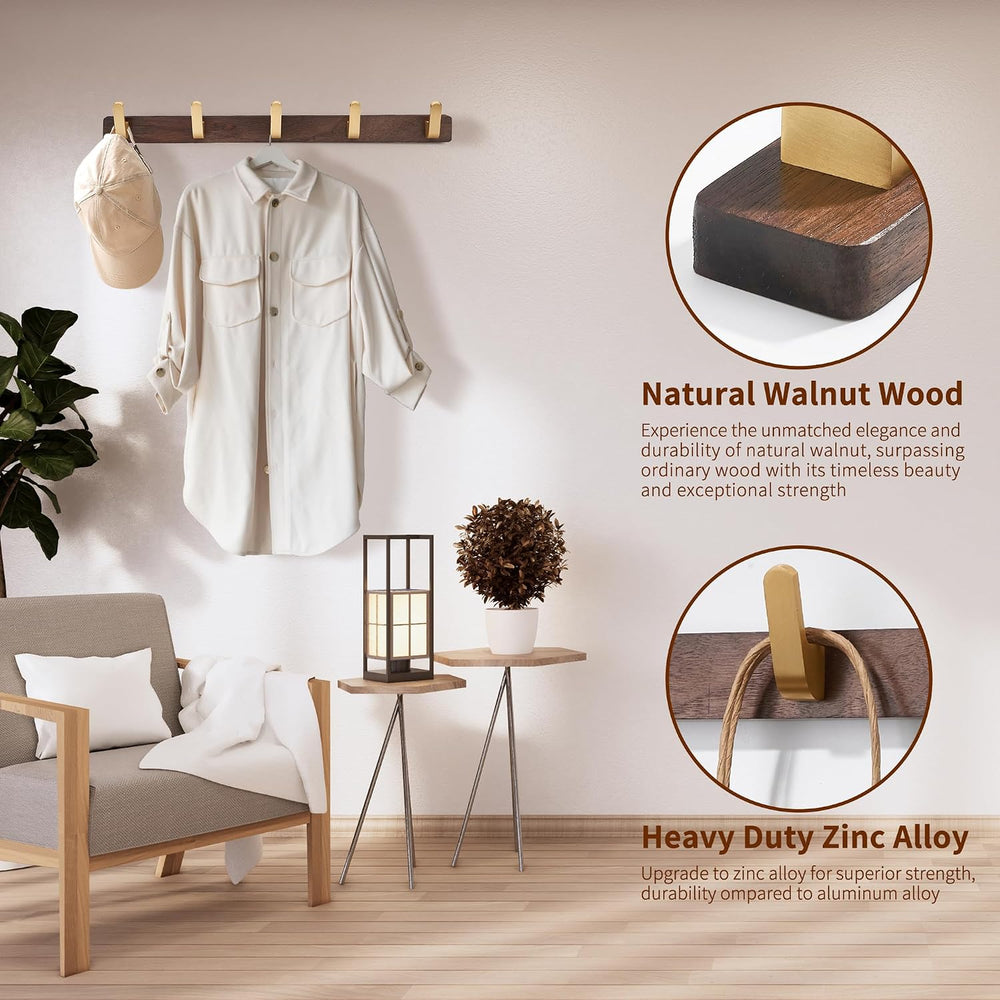 Wall Mounted Coat Rack, Metal Wood with 5 Hooks