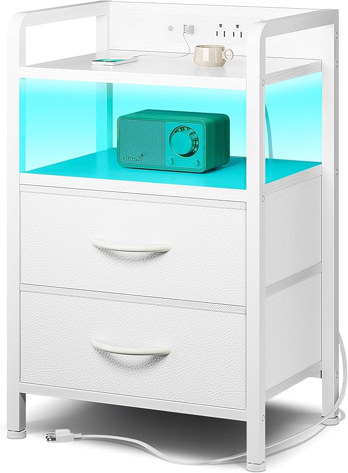 Night Stand Bedside Table Bedroom - White Nightstand with Charging Station & LED Light Strip, Morden Bed Side End Table with Storage Shelf & 2 Fabric Drawers, U-S-B Ports & AC Outlets