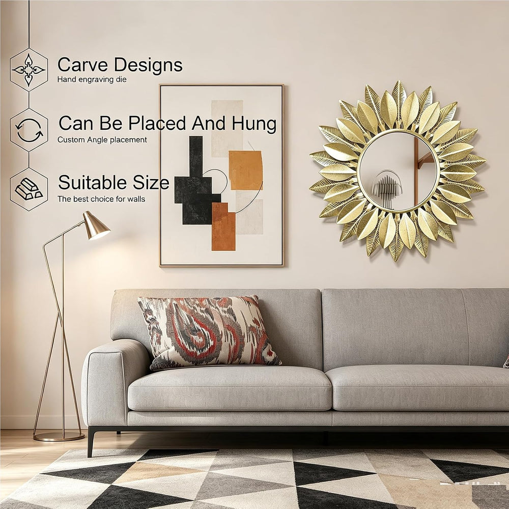 24" Gold Sunburst Flower Decorative Round Mirror for Wall Decor