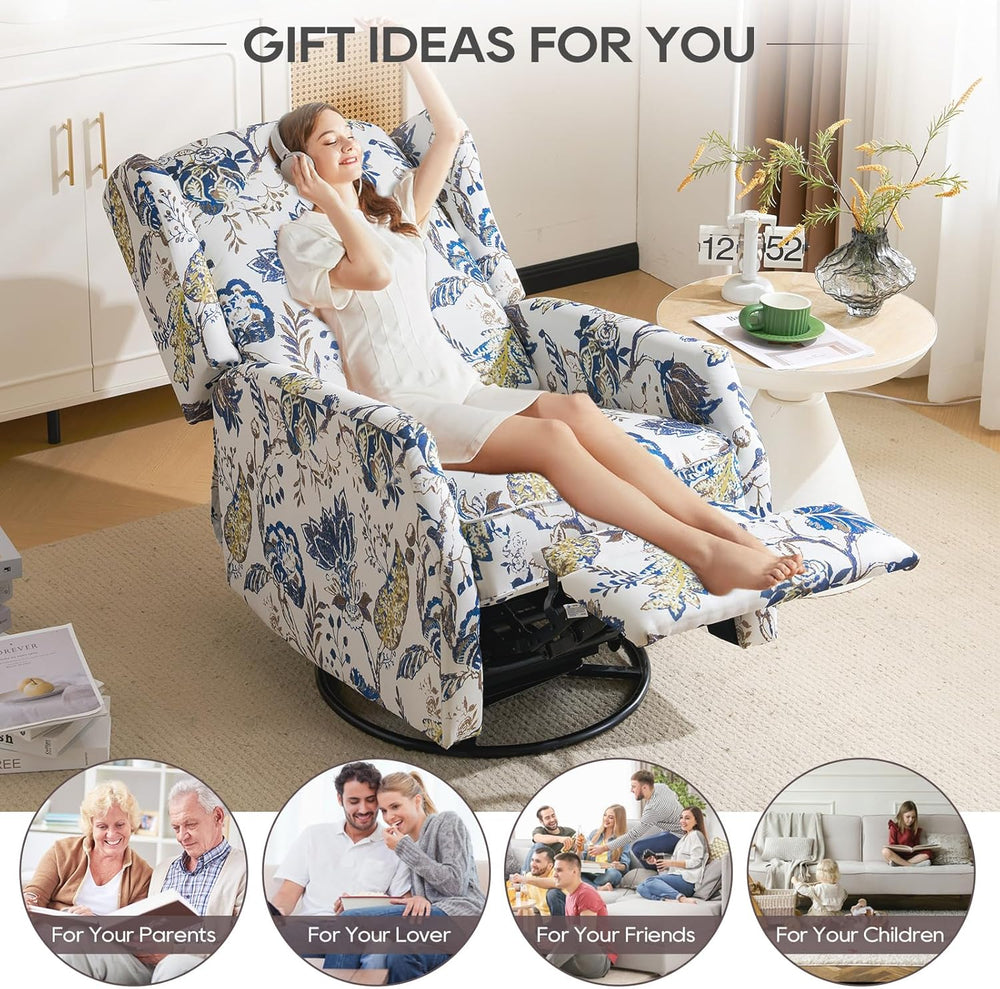 Floral Accent Swivel Rocker Recliner, Wingback Recliner Chair with Padded Sea...